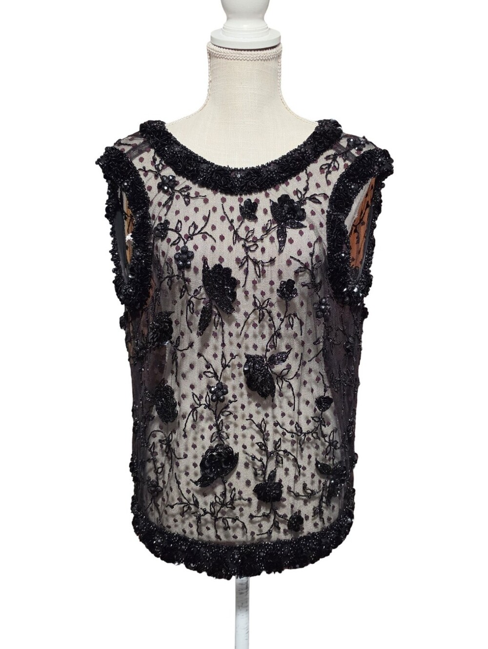 VINTAGE Beaded Mesh Top Womens Medium Black Floral Sequin British Hong Kong - Picture 2 of 8